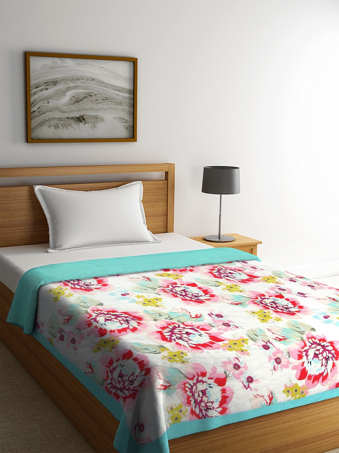 REME White & Pink Digital Floral Printed Organic-Cotton Heavy Winter 150 GSM Sustainable Single Bed Quilt Price in India