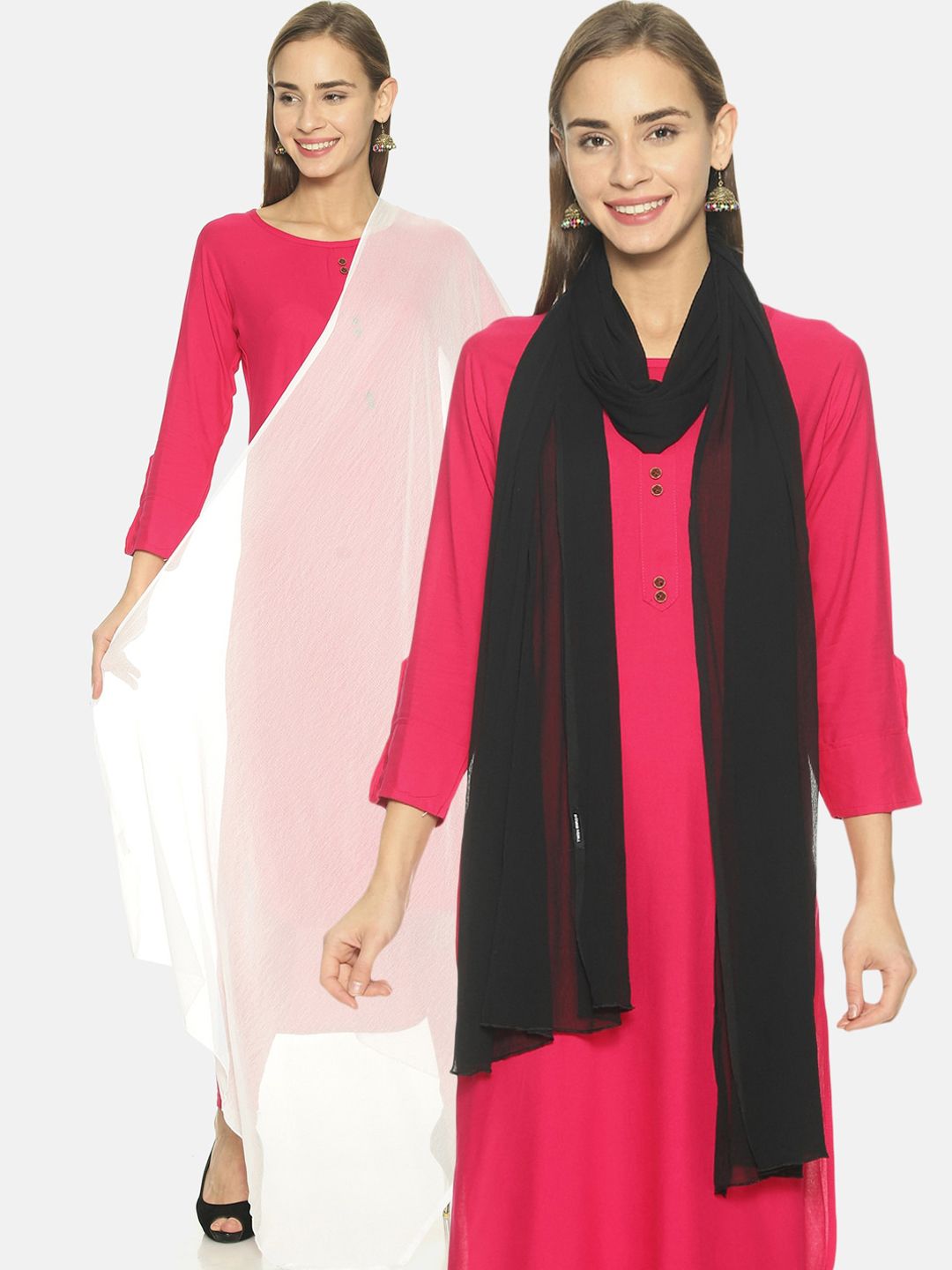 TWIN BIRDS Black & White Pack of 2 Solid Dupatta