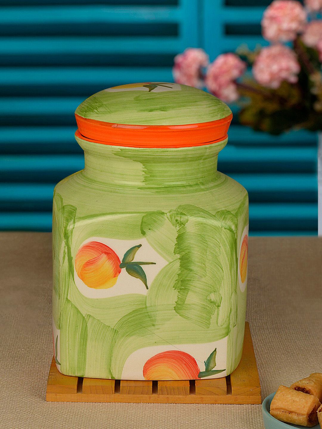 StyleMyWay Unisex Olive Green & Orange Printed Ceramic Jar with Lid Price in India