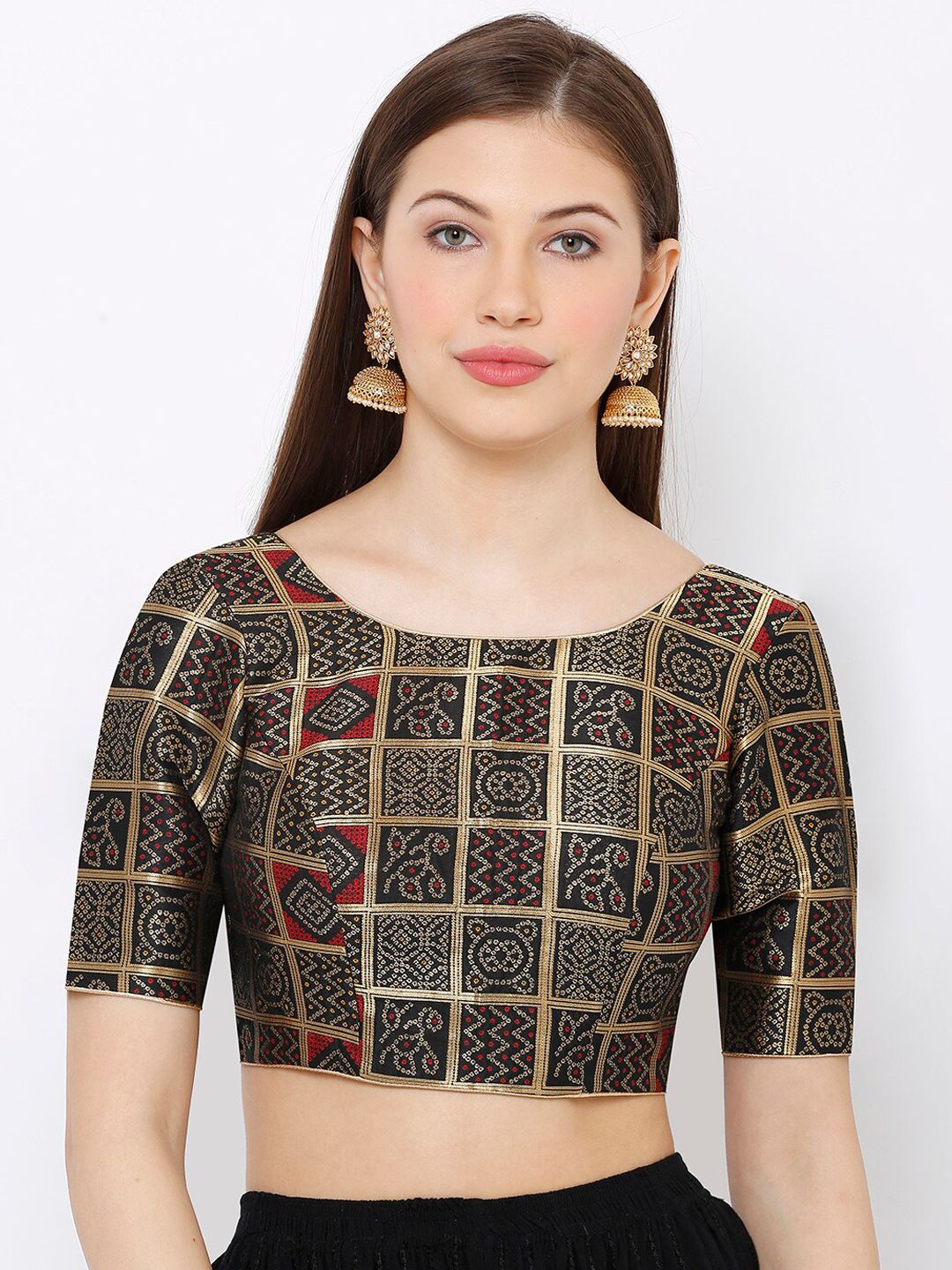 SALWAR STUDIO Women Black & Gold-Colored Woven Design Readymade Saree Blouse Price in India