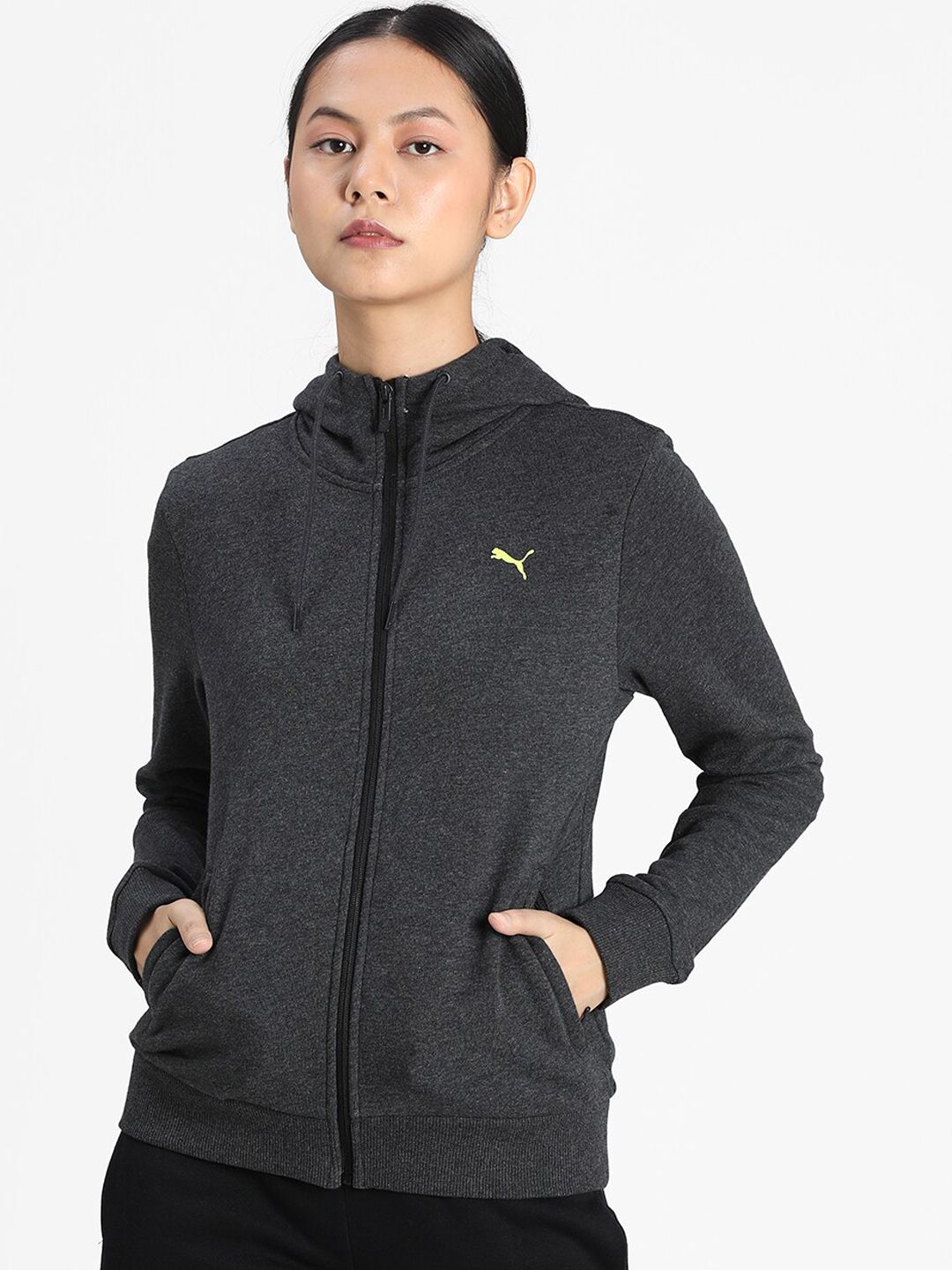 Puma Women Charcoal Grey Printed Sporty Jacket Price in India