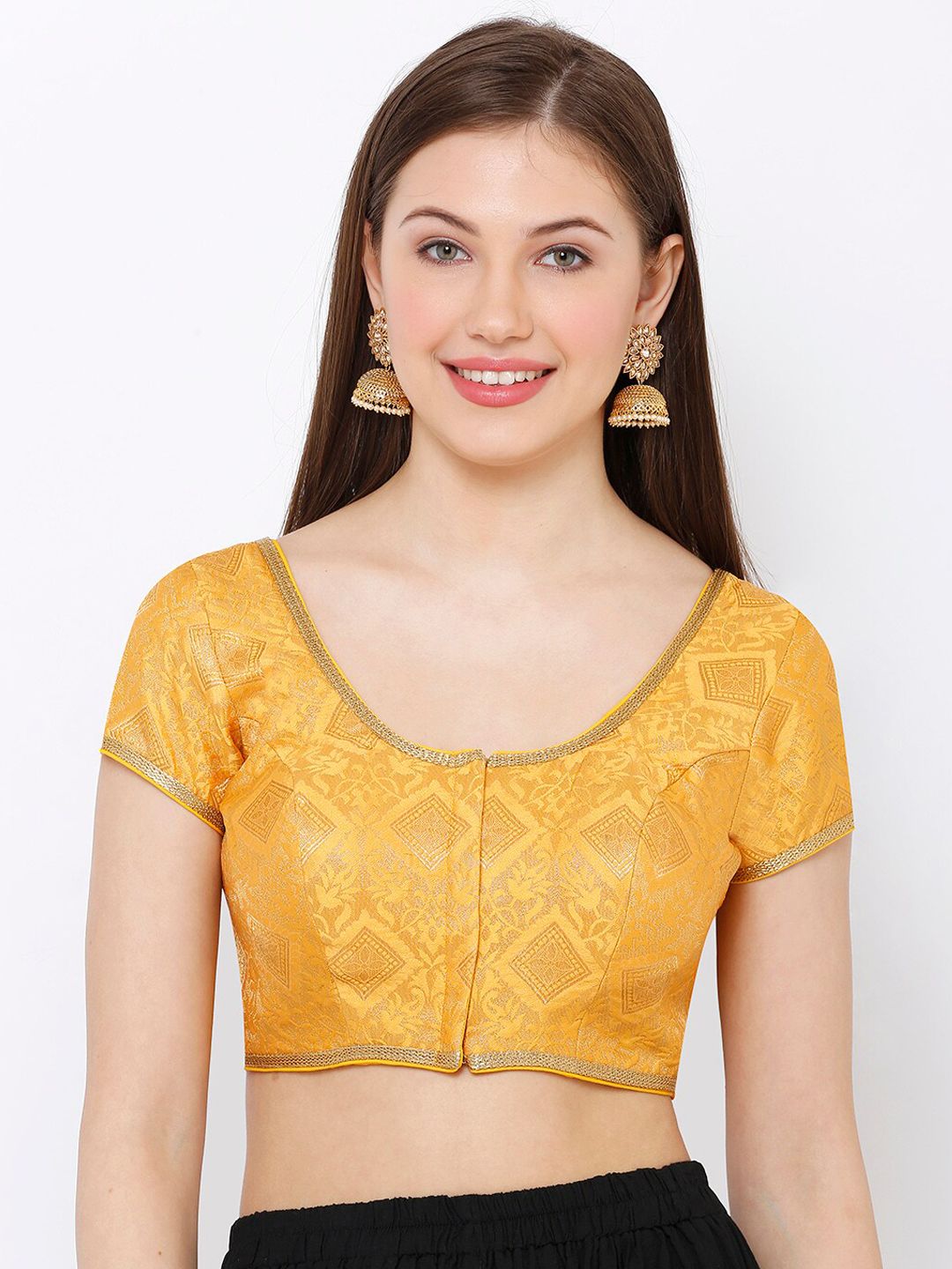 SALWAR STUDIO Women Yellow & Gold-Colored Woven Design Readymade Saree Blouse Price in India