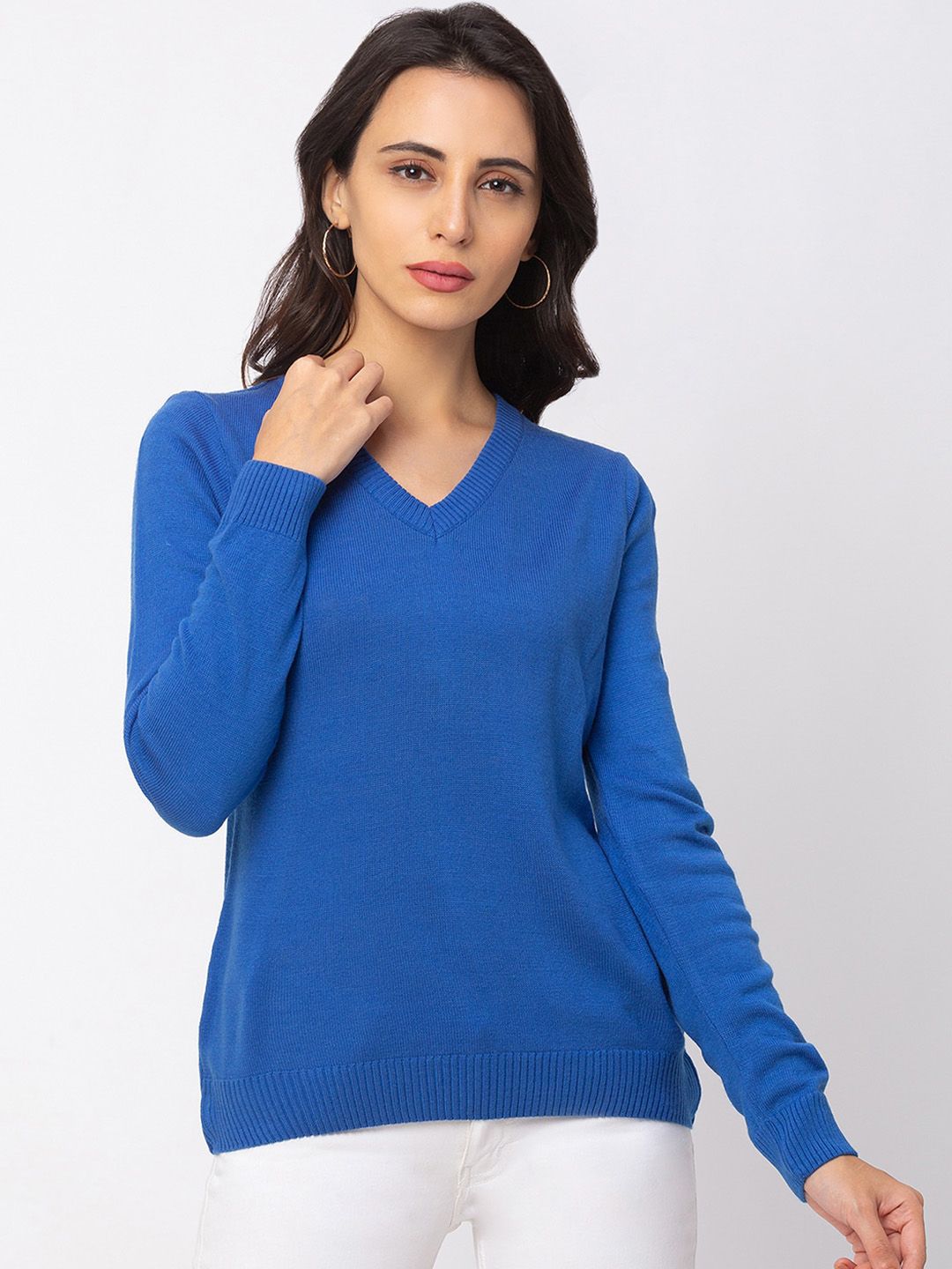 Globus Women Blue Solid Knitted Pullover Price in India