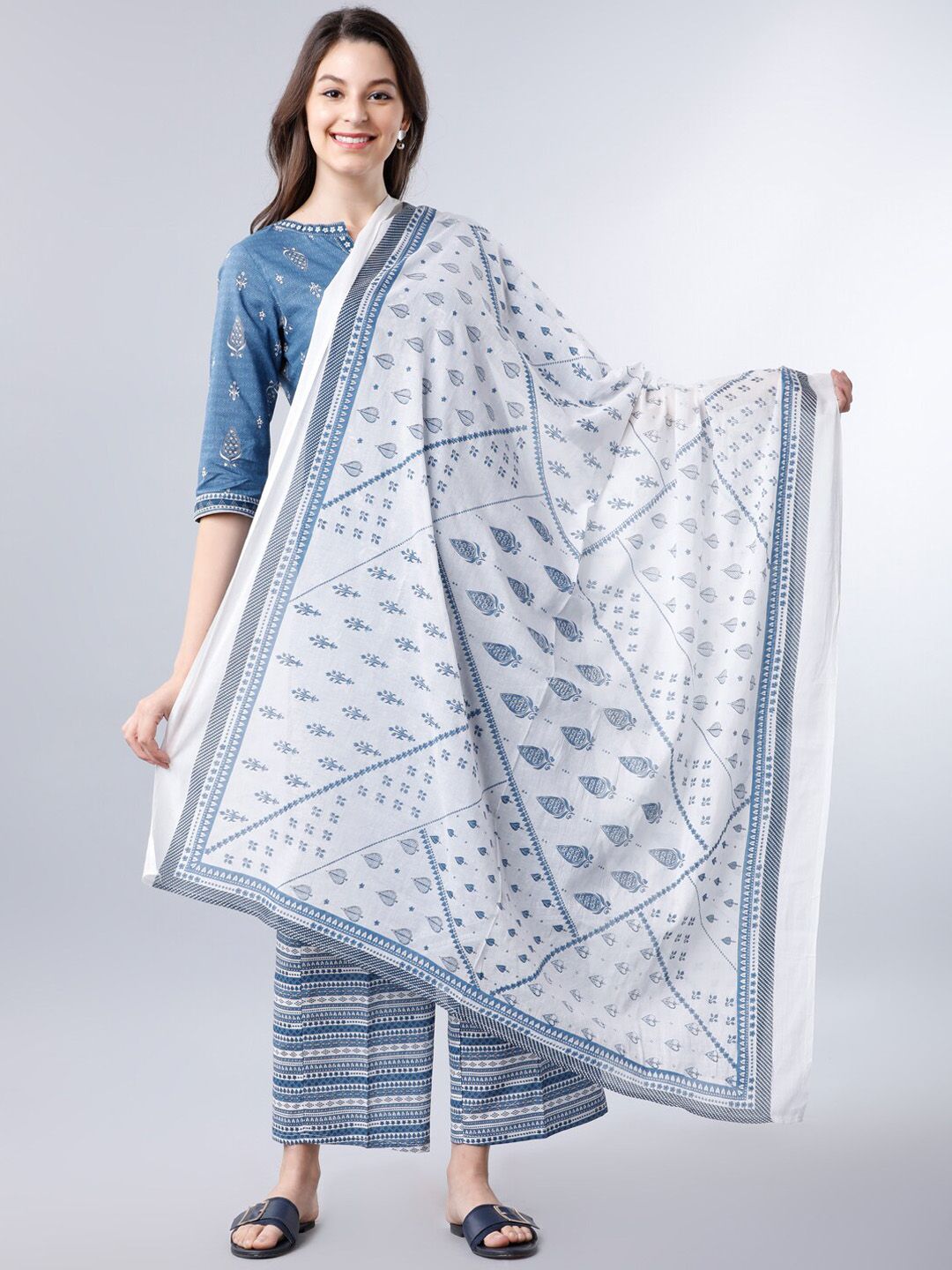 Vishudh Women Off-White & Blue Printed Pure Cotton Dupatta Price in India