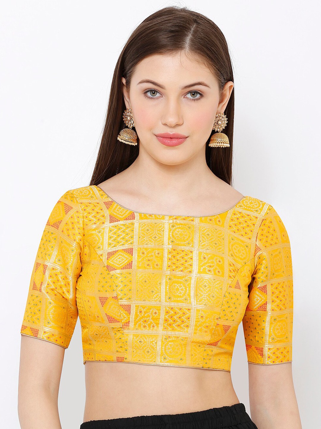 SALWAR STUDIO Women Yellow Woven Design Readymade Saree Blouse Price in India