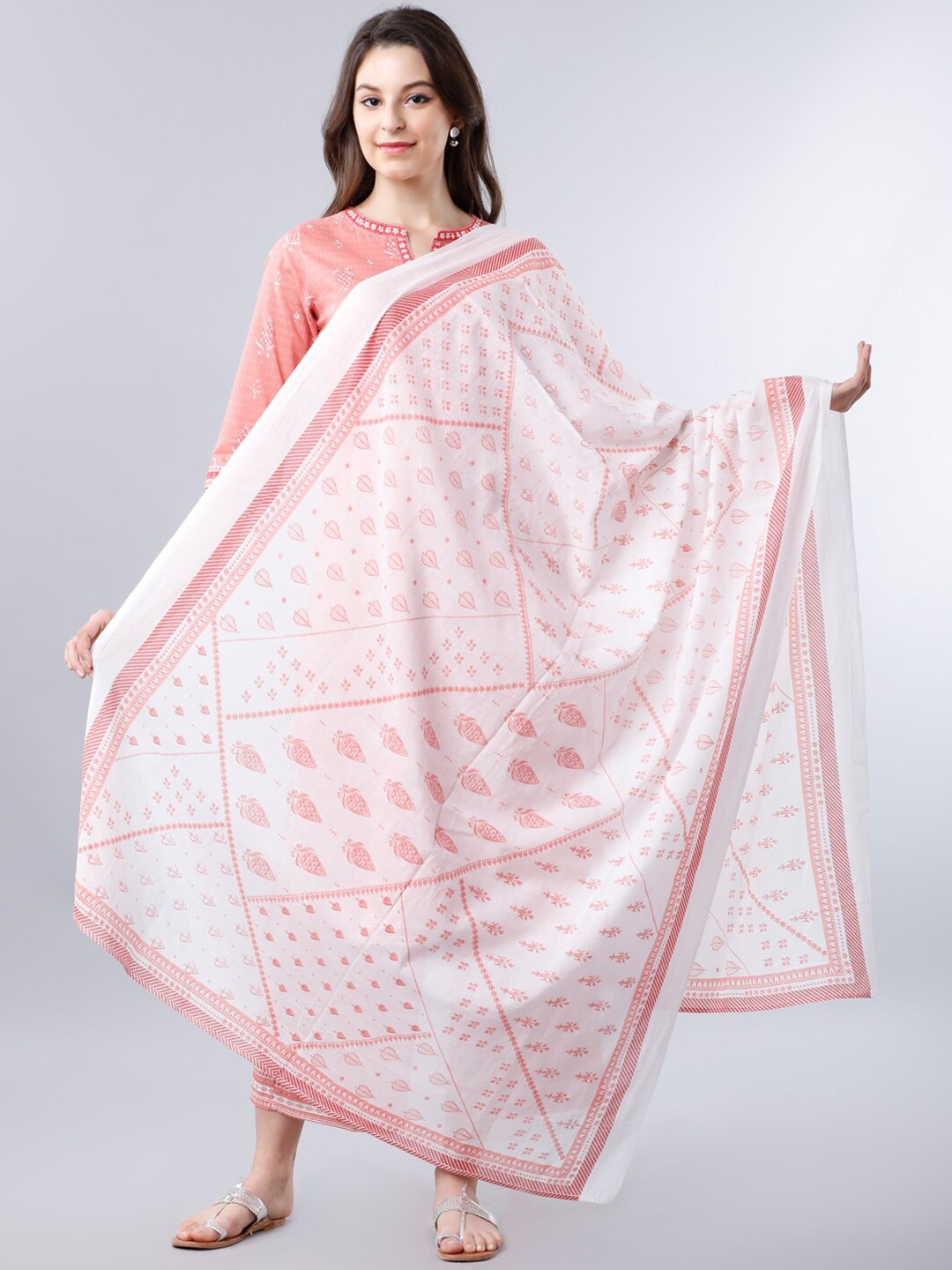 Vishudh Women Pink & Off-White Printed Cotton Dupatta Price in India