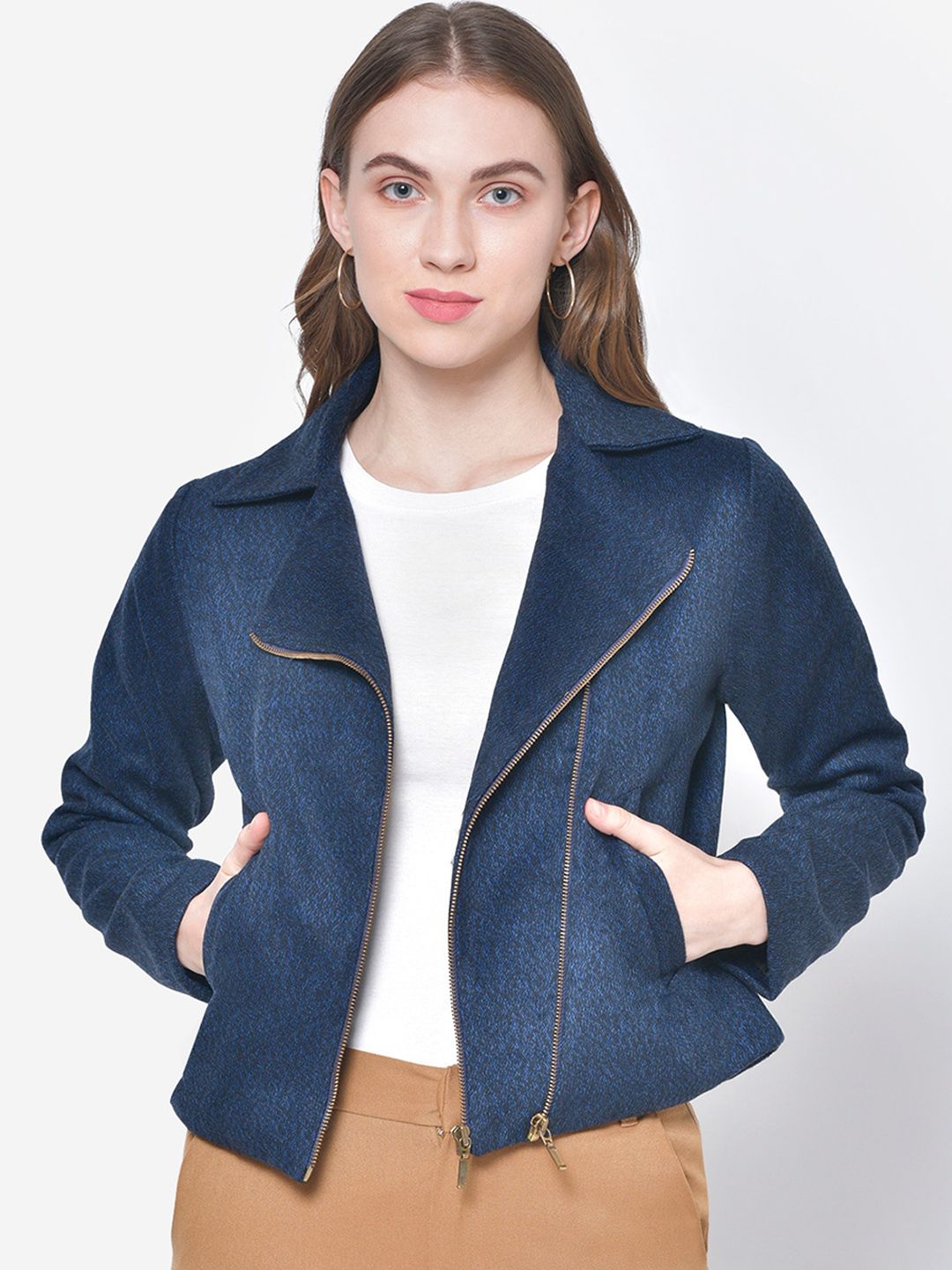 Martini Women Blue Solid Woolen Asymmetric Closure Tailored Jacket Price in India