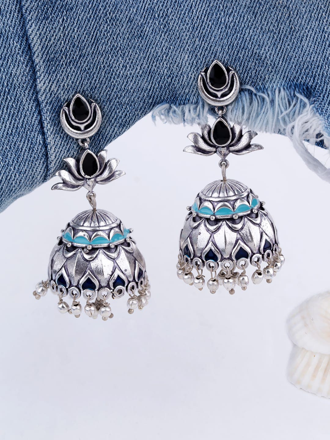 Voylla Silver-Toned & Blue Dome Shaped Jhumkas Price in India