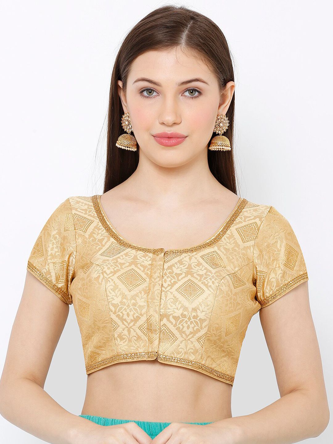 SALWAR STUDIO Women Gold-Coloured Woven-Design Padded Readymade Saree Blouse Price in India