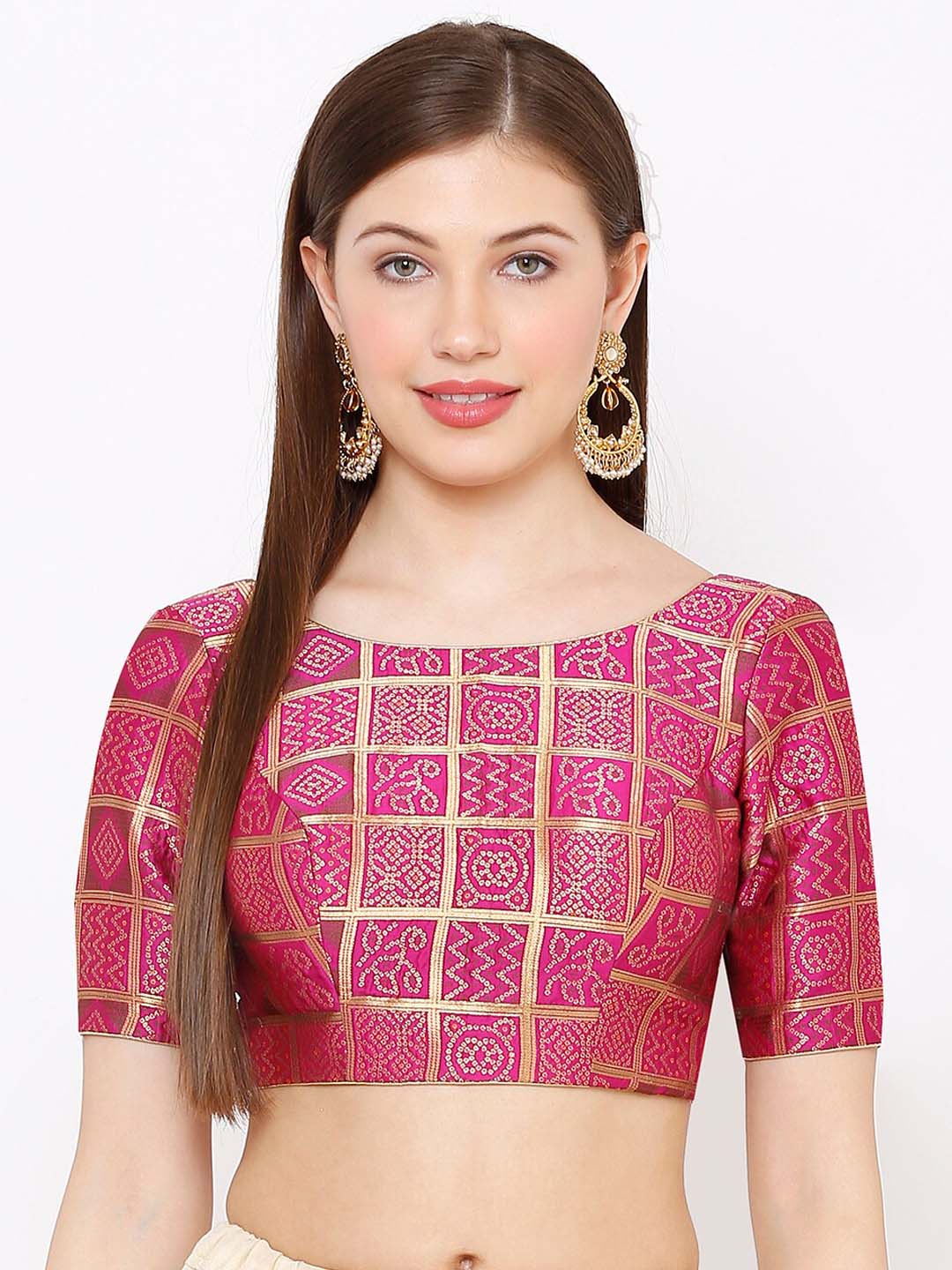 SALWAR STUDIO Women Pink & Gold-Colored Woven Design Brocade Readymade Saree Blouse Price in India