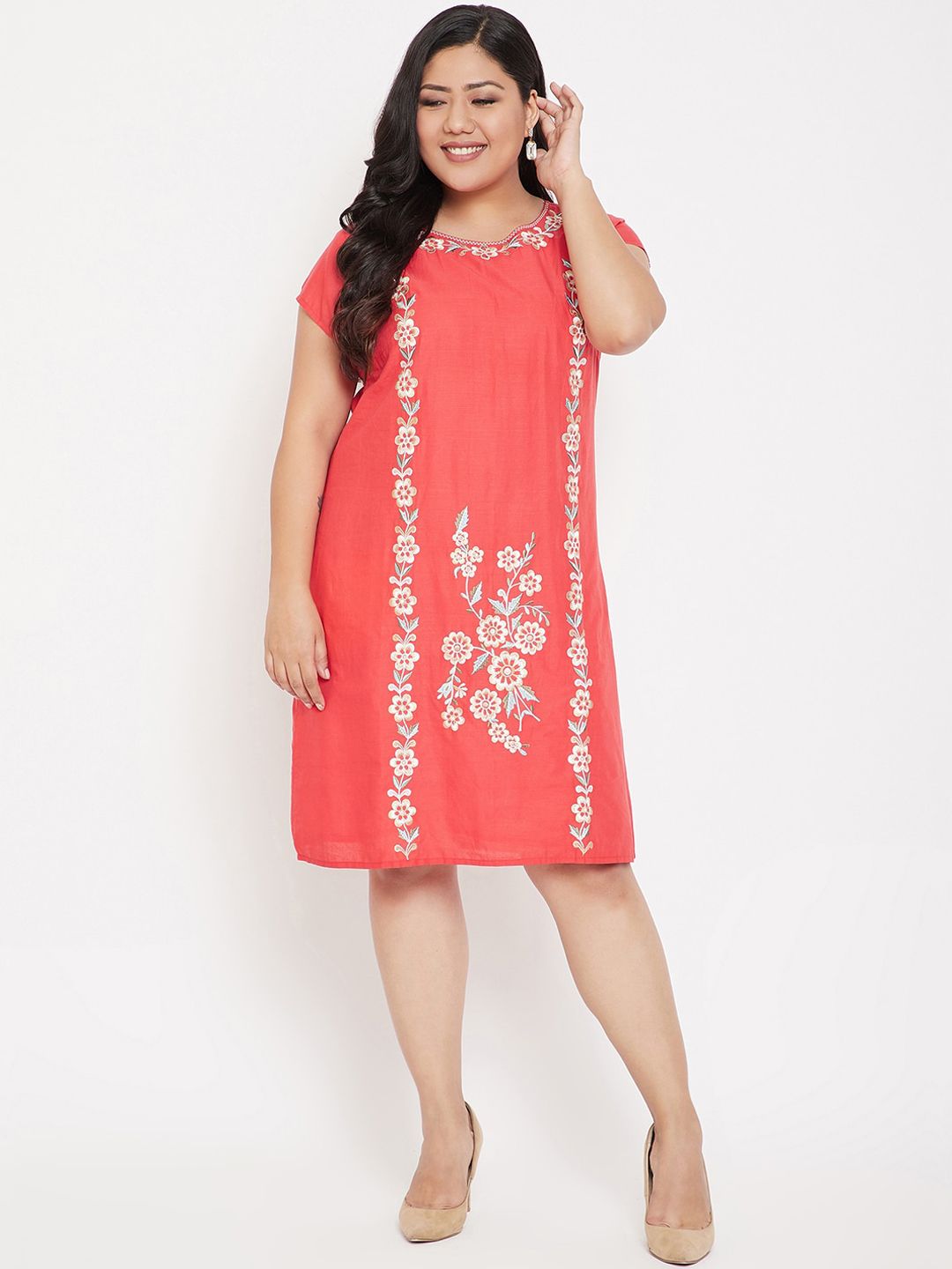 CHROME & CORAL Women Coral-Coloured Self Design A-Line Dress