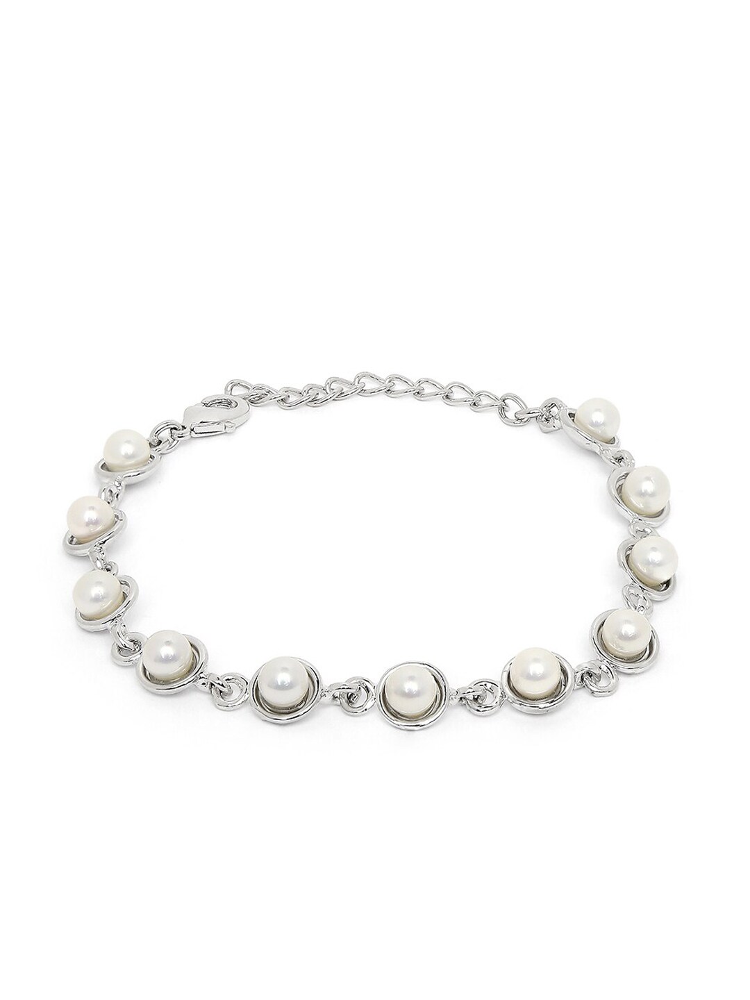 Mahi Rhodium-Plated Silver-Toned & White Pearl Beaded Adjustable Bracelet Price in India