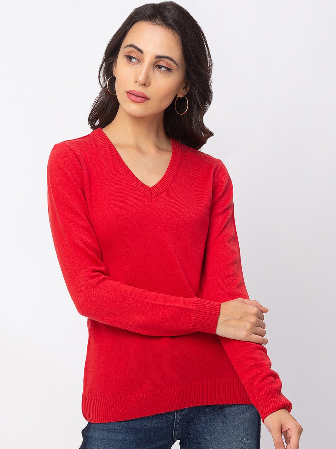 Globus Women Red Solid Knitted Pullover Price in India