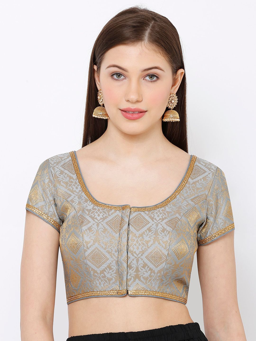 SALWAR STUDIO Women Grey & Gold-Toned Woven Design Readymade Saree Blouse Price in India