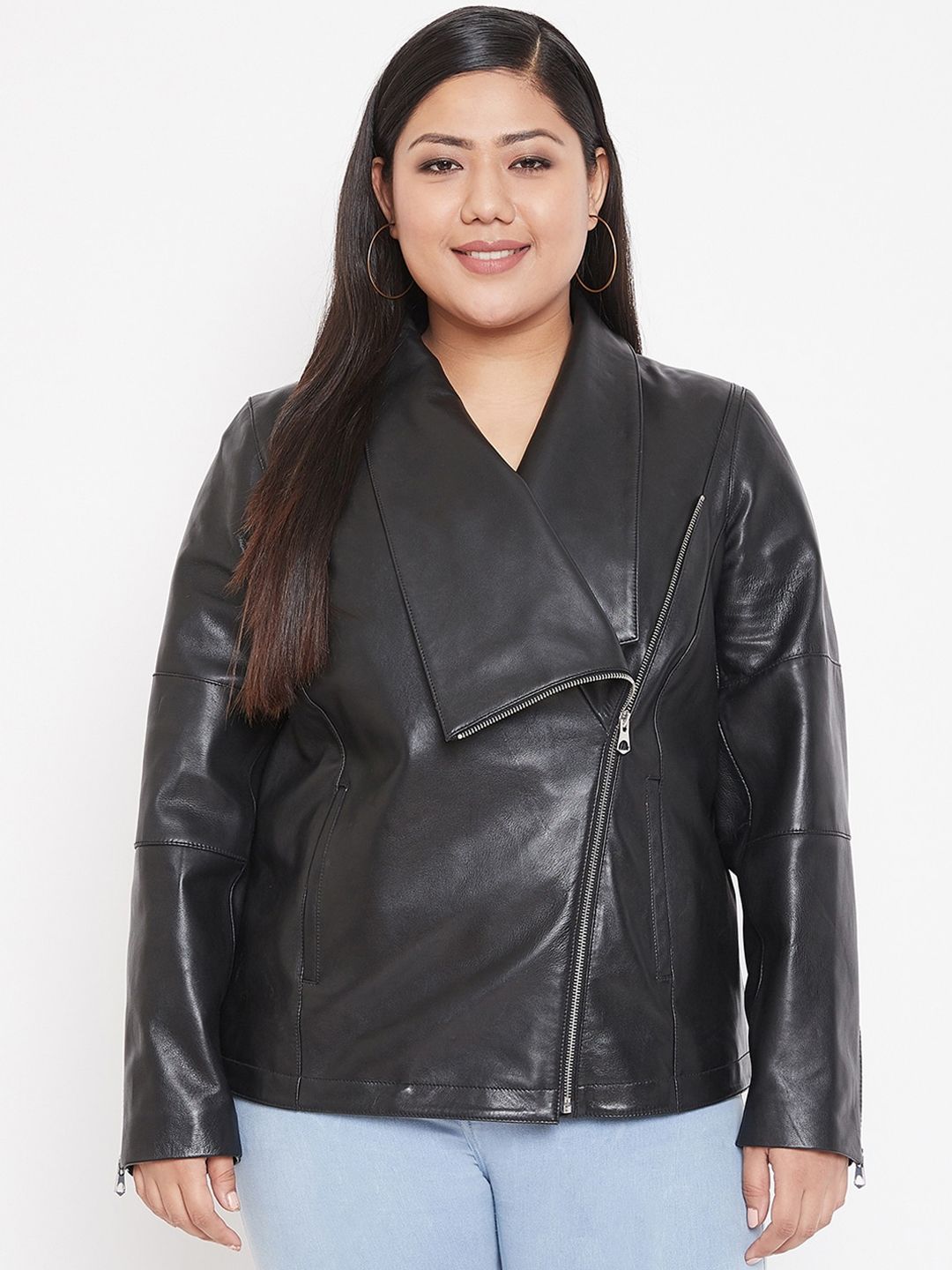 Justanned Plus Women Black Solid Leather Biker Jacket Price in India