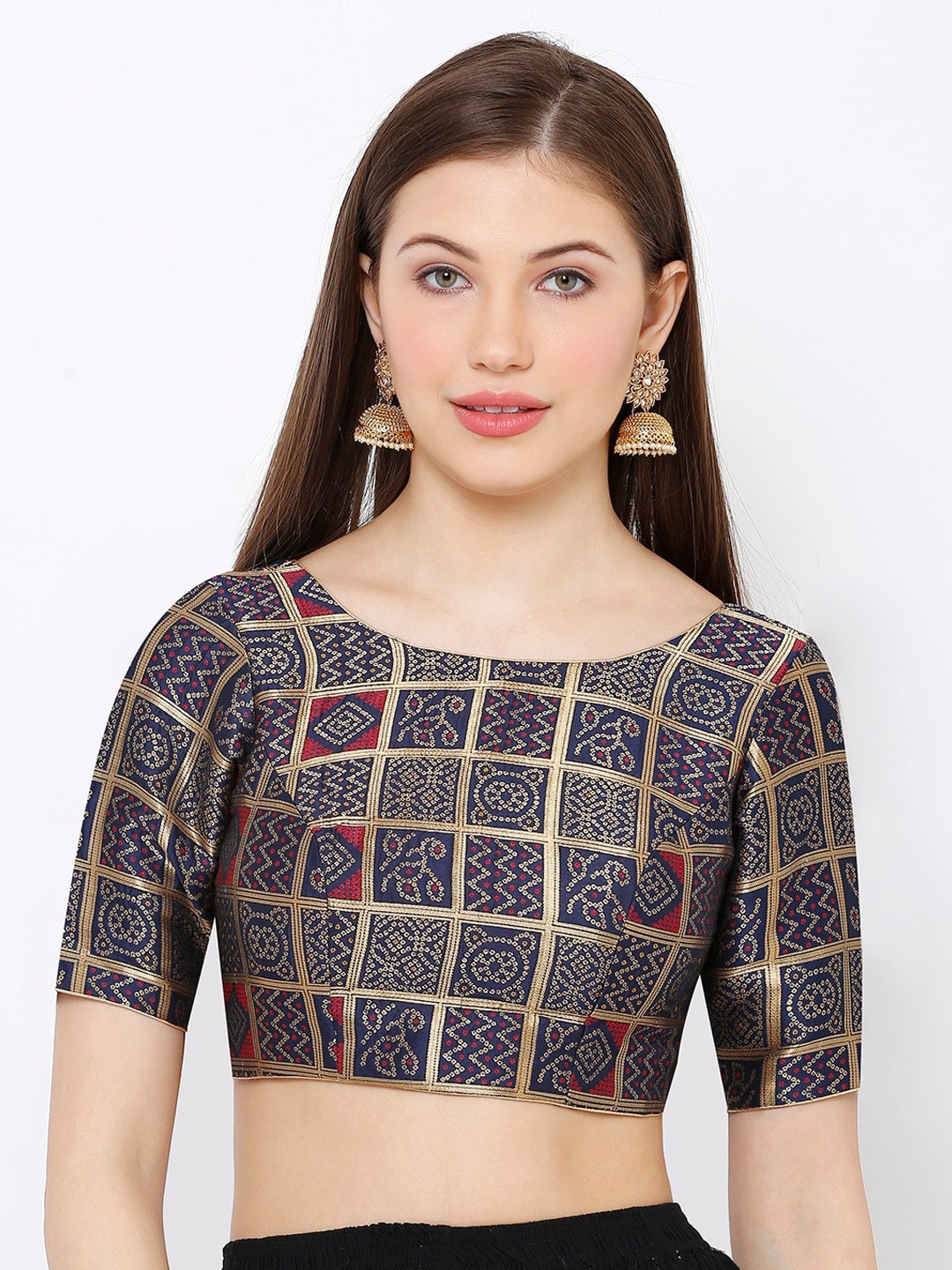 SALWAR STUDIO Women Navy Blue & Gold-Colored Woven Design Readymade Saree Blouse Price in India