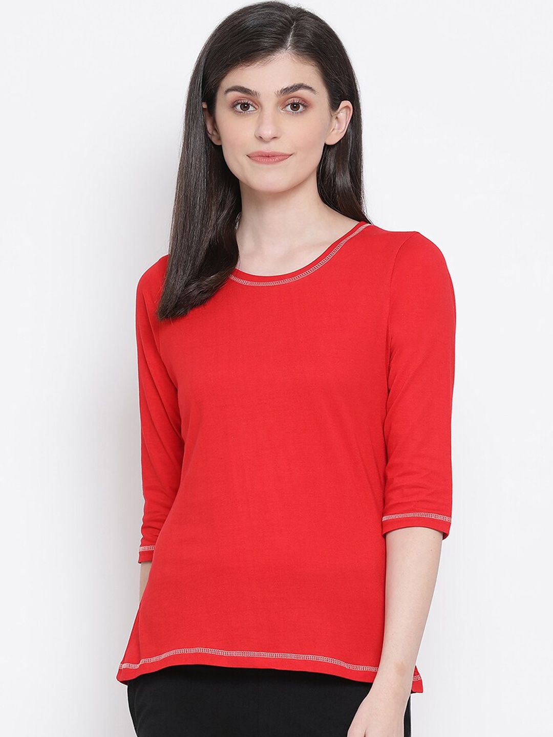 Clovia Women Red Solid Cotton Lounge T-Shirt Price in India