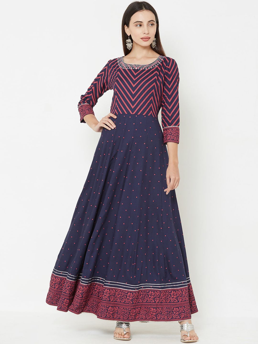 FASHOR Women Navy Blue & Red Chevron & Polka Dot Printed Ethnic Maxi Dress