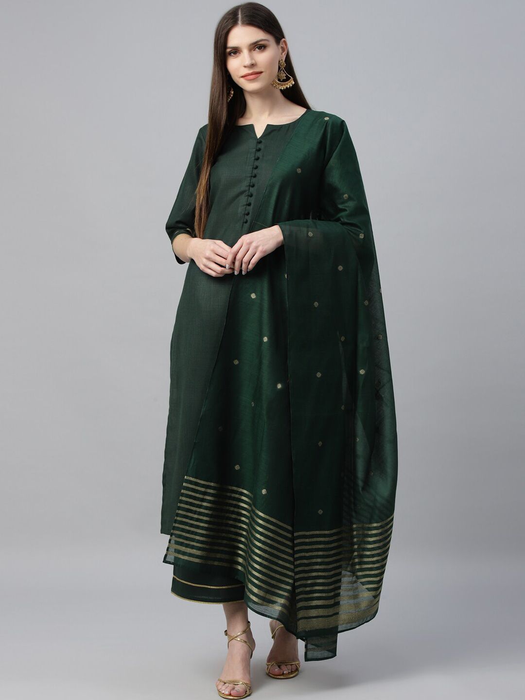 Libas Women Green Solid Kurta with Trousers & Dupatta