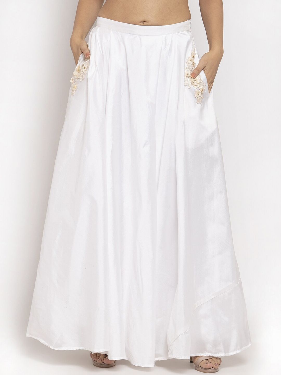 Just Wow Women White Solid Silk Flared Maxi Skirt