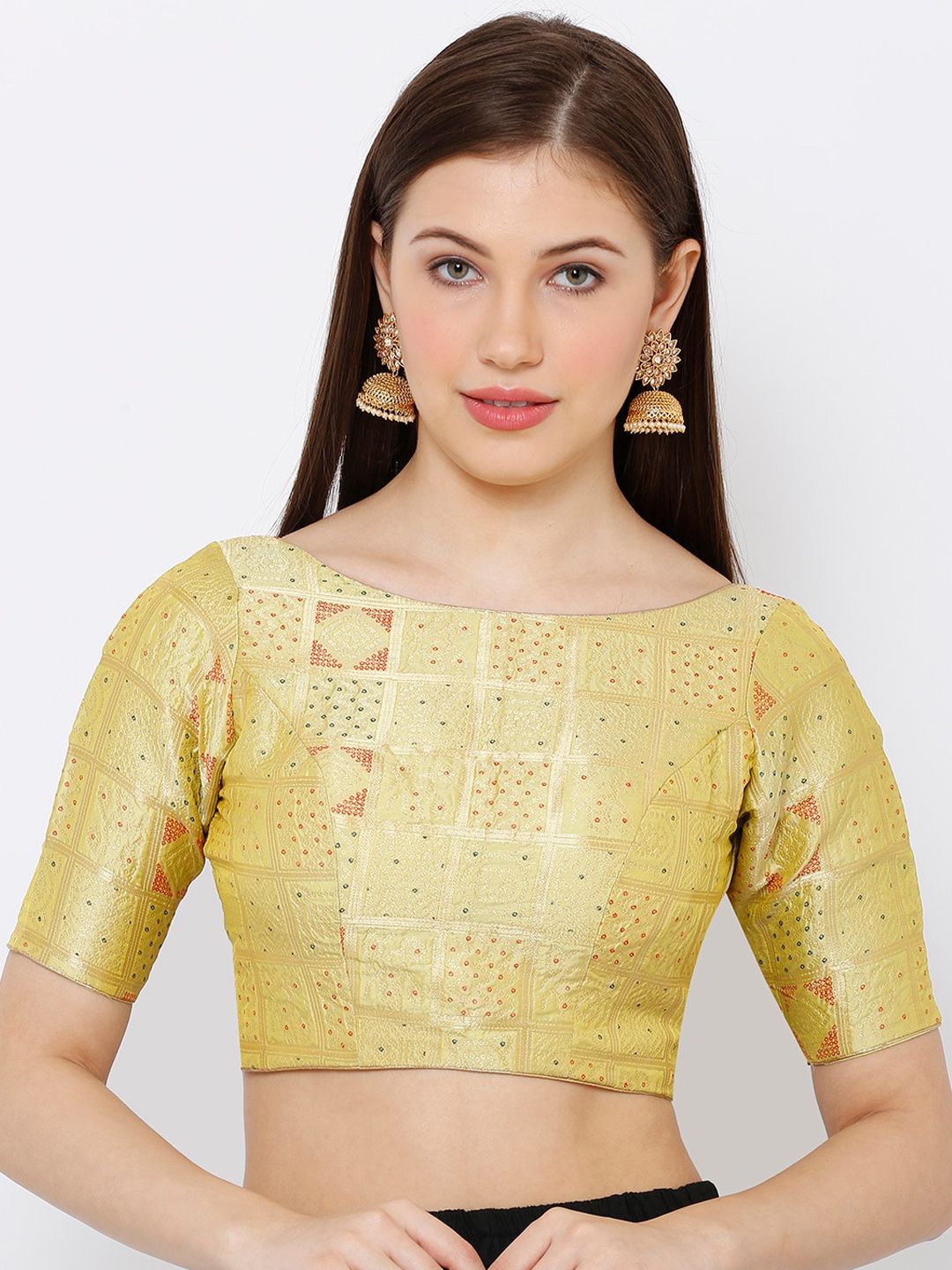 SALWAR STUDIO Women Gold-Coloured & Red Woven Design Brocade Readymade Saree Blouse Price in India