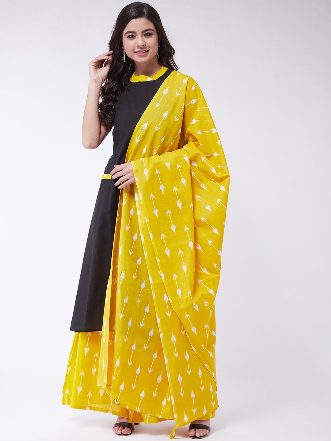 InWeave Women Black & Yellow Solid Kurta with Palazzos & Dupatta