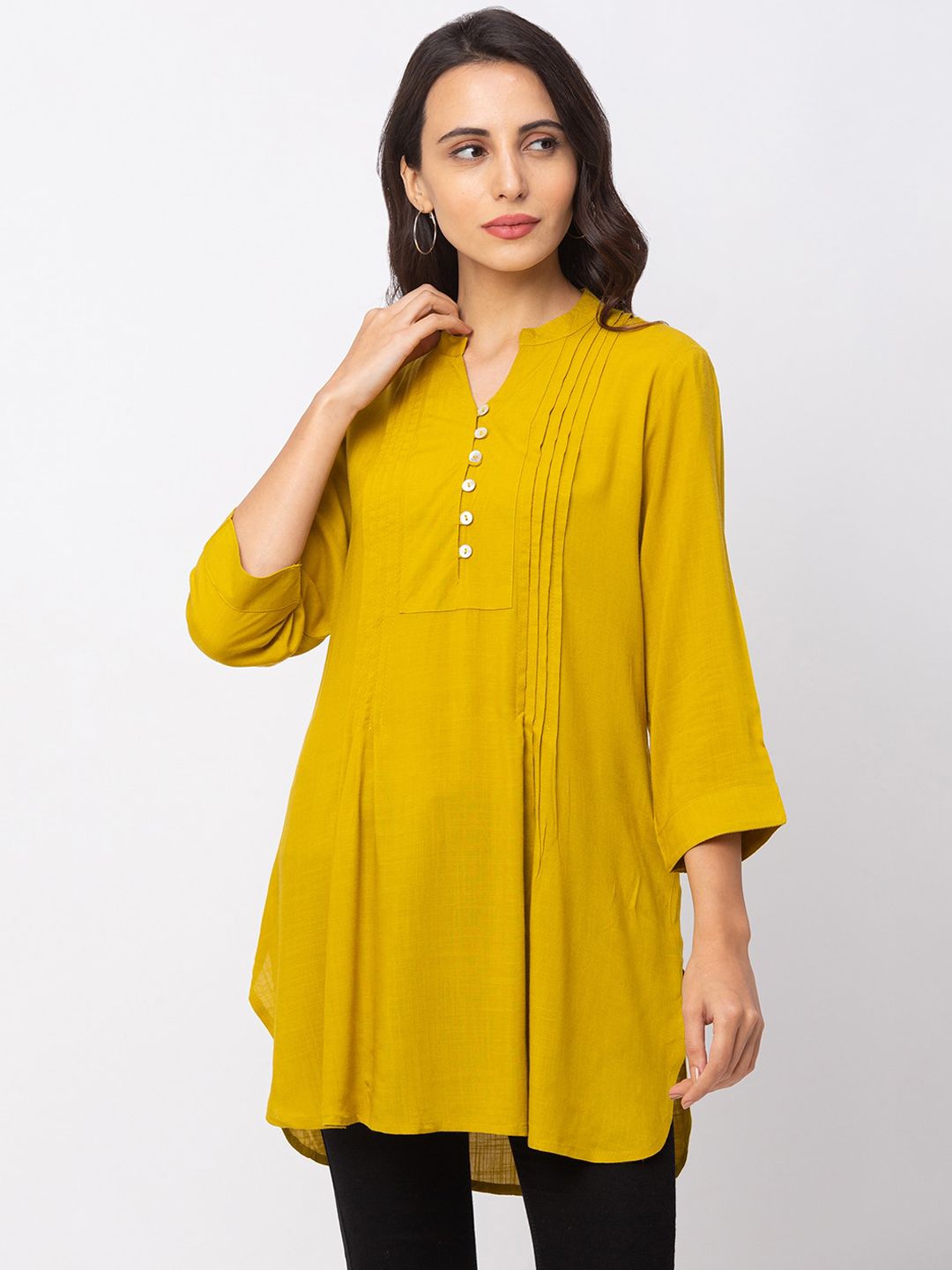Globus Women Mustard Yellow Solid Pure Cotton A-Line Kurta Price in India