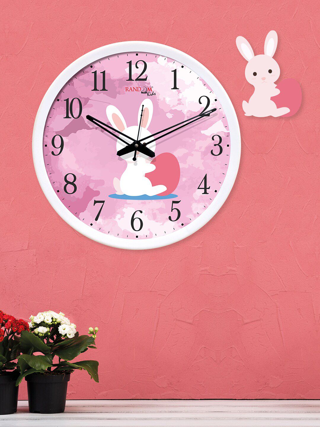 RANDOM White & Pink Round Printed 30 cm Analogue Wall Clock with Decorative Plaque Price in India