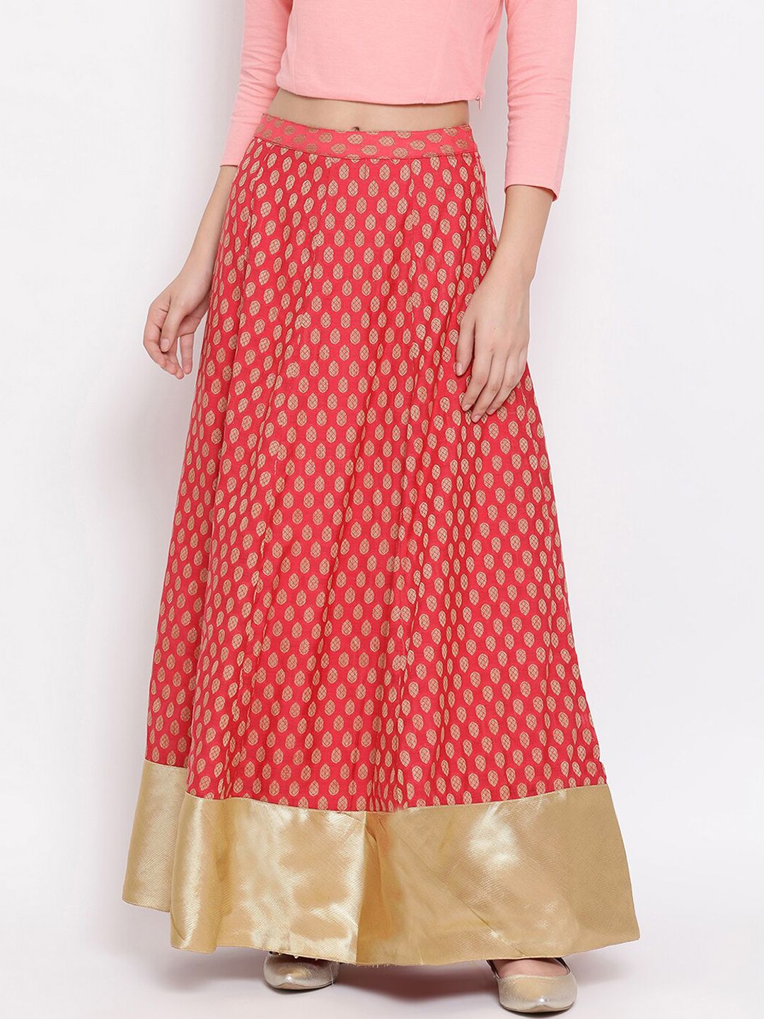 Span Women Pink & Beige Woven Design Maxi Pure Cotton Skirt