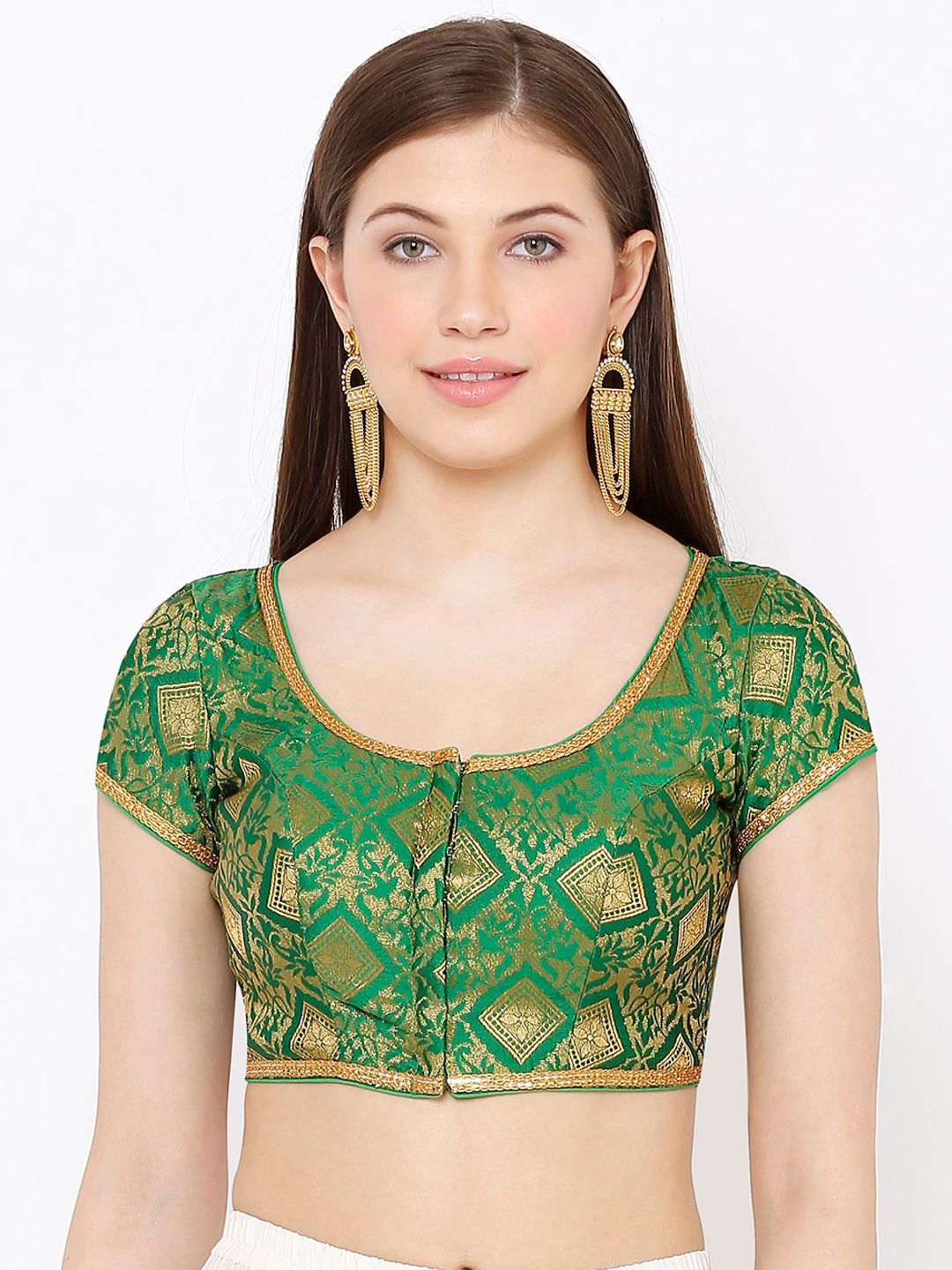 SALWAR STUDIO Women Green & Gold-Coloured Woven Design Brocade Saree Blouse Price in India
