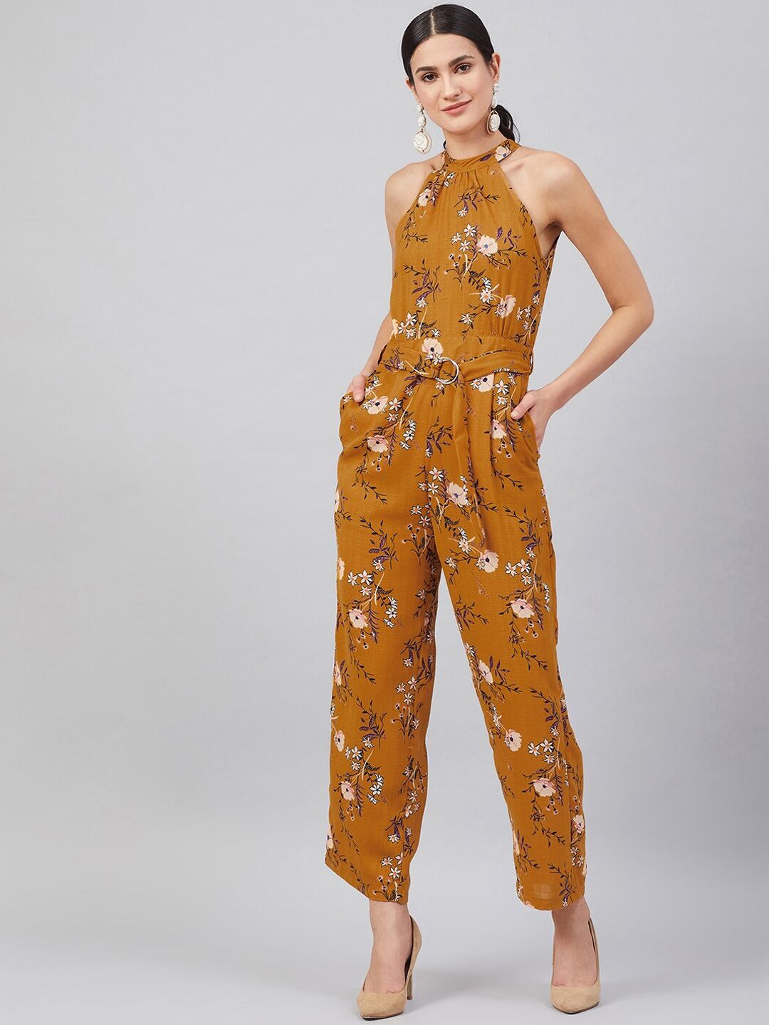 Marie Claire Women Mustard Yellow & Pink Floral Printed Basic Jumpsuit Price in India