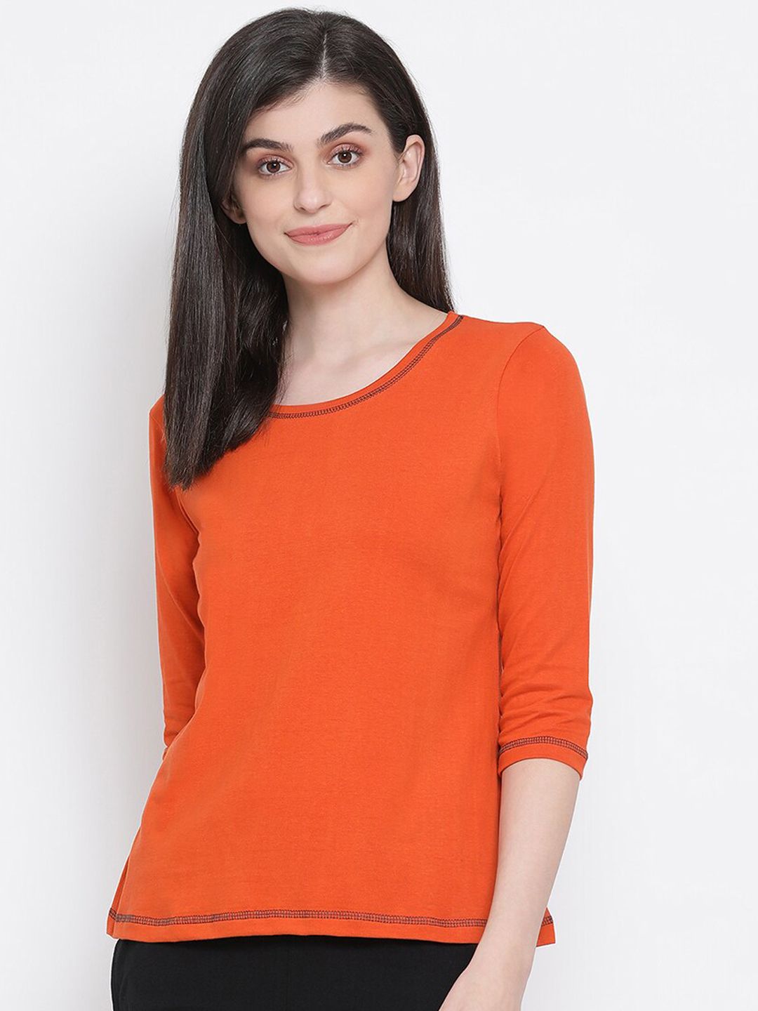 Clovia Women Orange Solid Lounge T-shirt Price in India