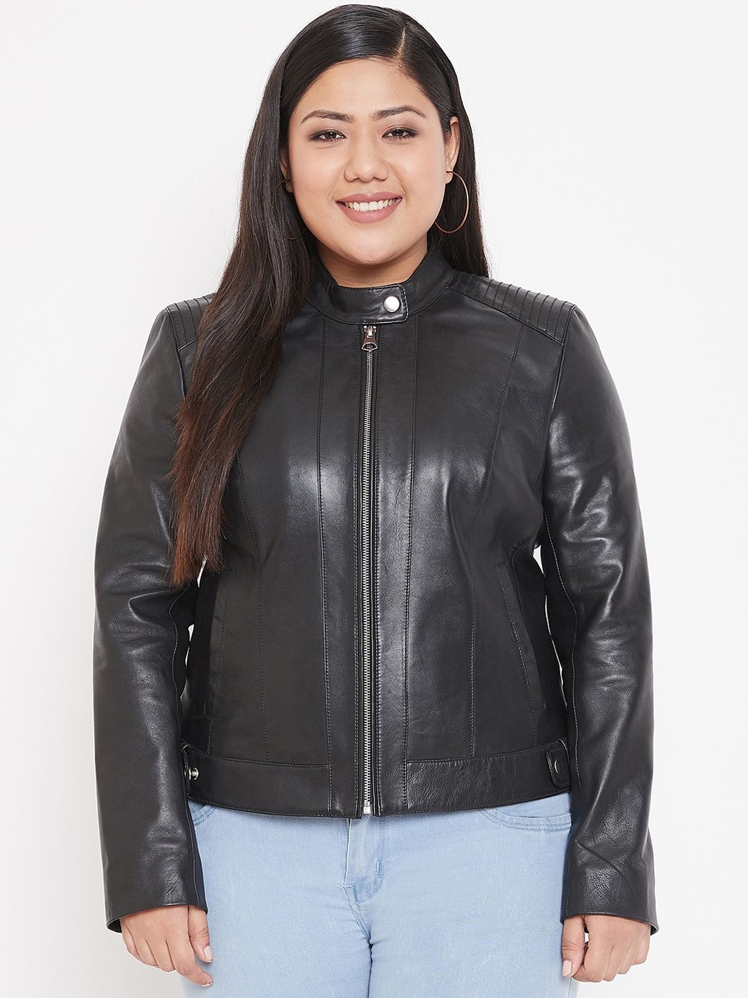 Justanned Women Black Solid Leather Biker Jacket Price in India