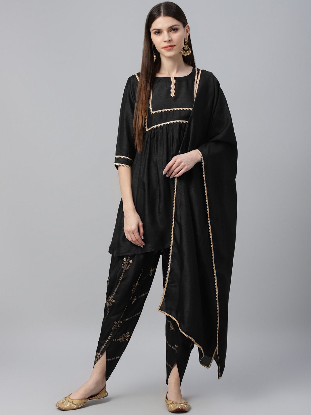 Libas Women Black Solid Kurta with Dhoti Pants & Dupatta Price in India