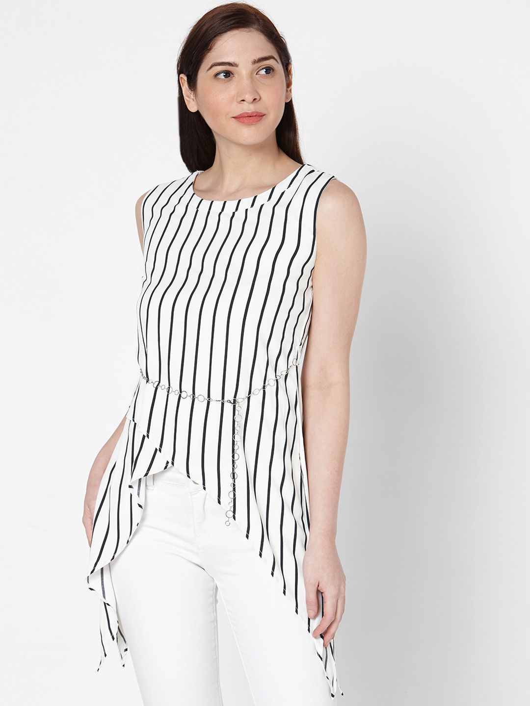 Deal Jeans Women White Striped High-Low Longline Top