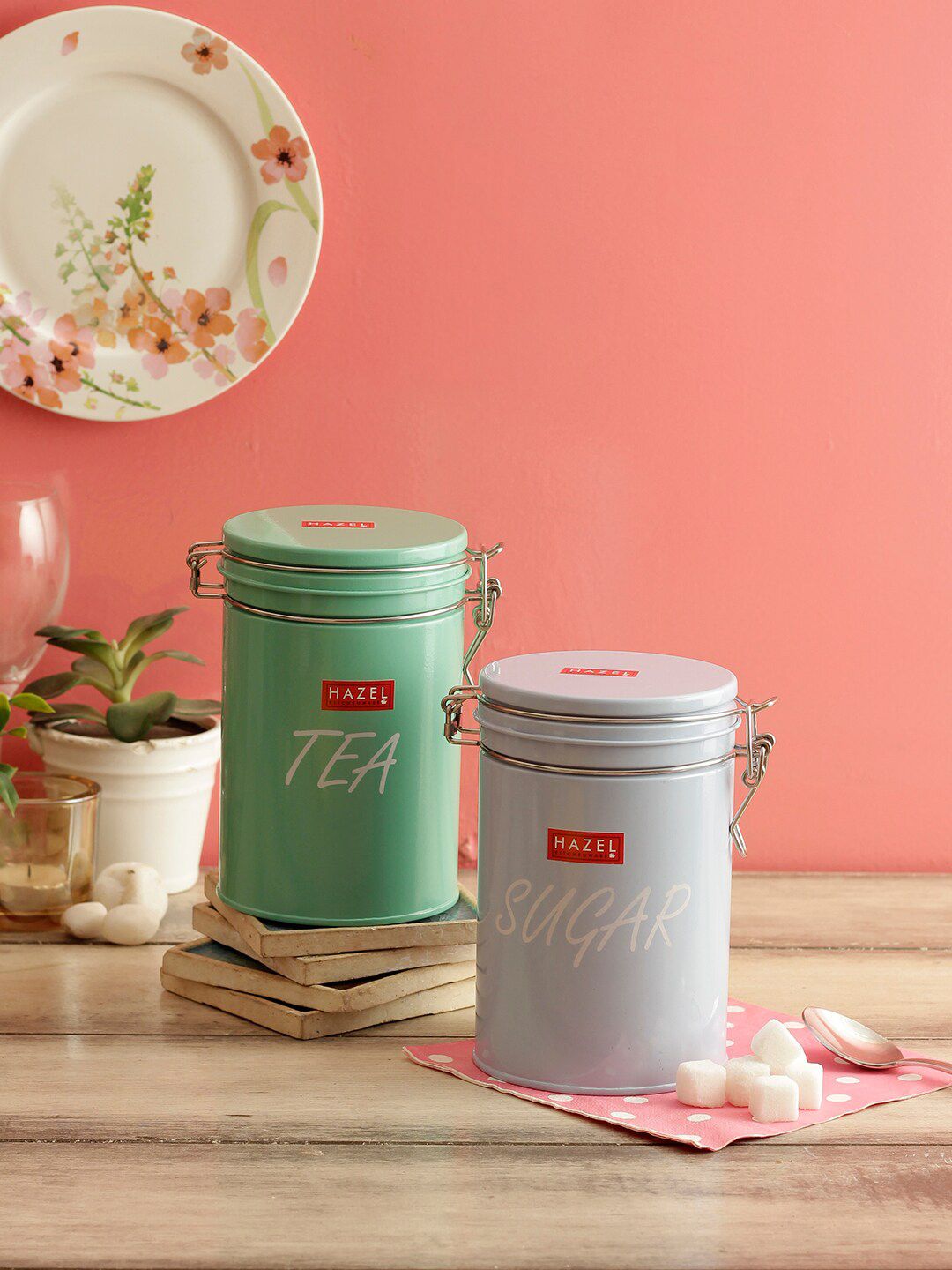 HAZEL Set Of 2 Blue & Green Round Sugar Tea Storage Canister Containers Price in India