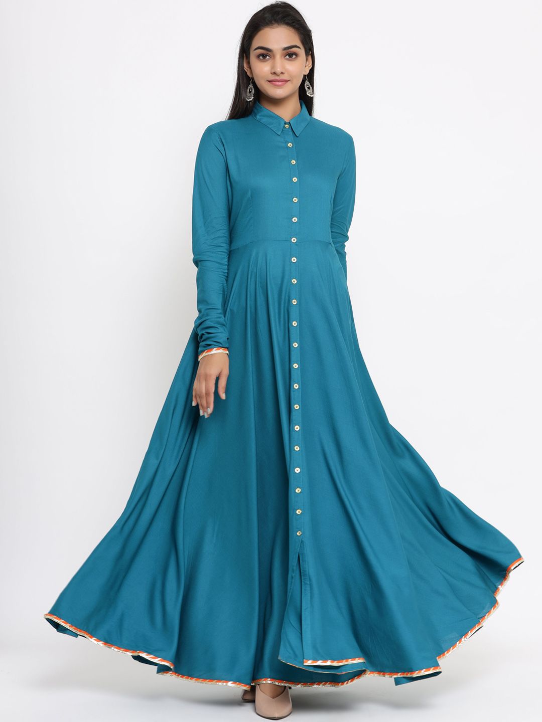 fabGLOBAL Women Sea Green Solid Ethnic Maxi Dress