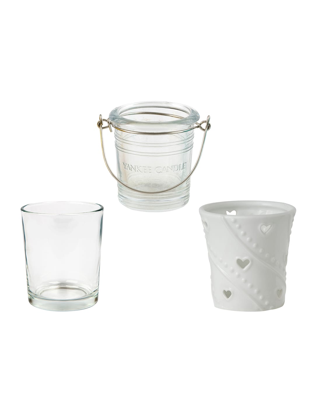YANKEE CANDLE Pack Of 3 White & Transparent Bucket & Votive Tea Light Holders Price in India