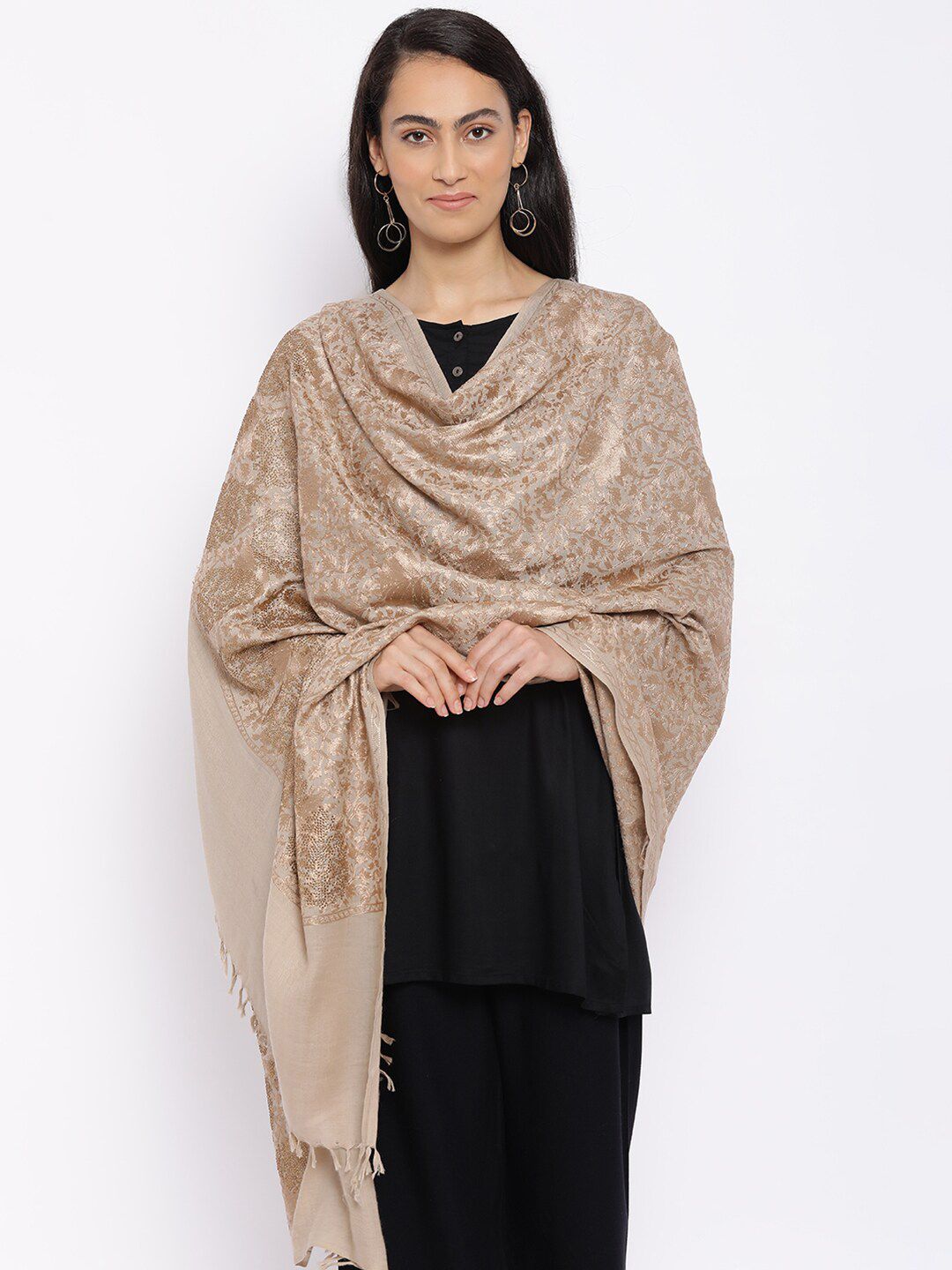 Pashmoda Women Beige Woven Design Pure Wool Shawl Price in India
