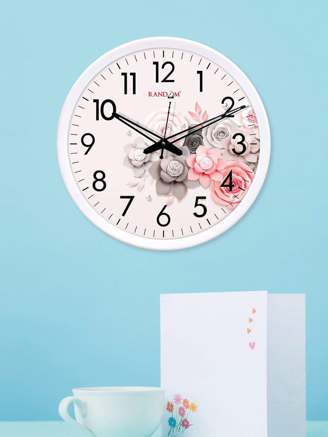 RANDOM White & Pink Floral Printed 30 cm Analogue Wall Clock Price in India