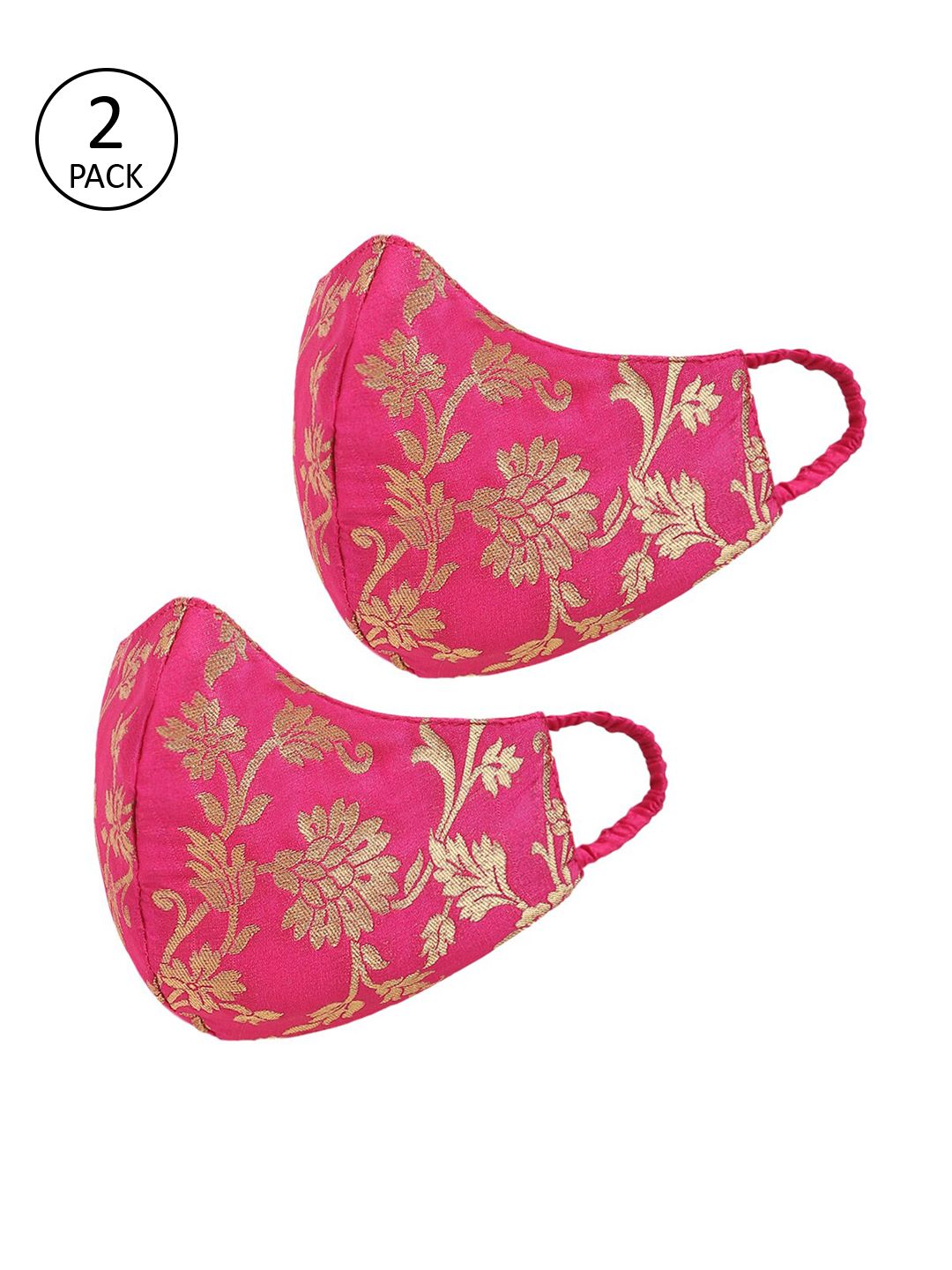 Tossido Women 2 Pcs Pink & Gold-Coloured Printed Reusable 3-Ply Pure Chanderi Banarasi Protective Outdoor Masks Price in India