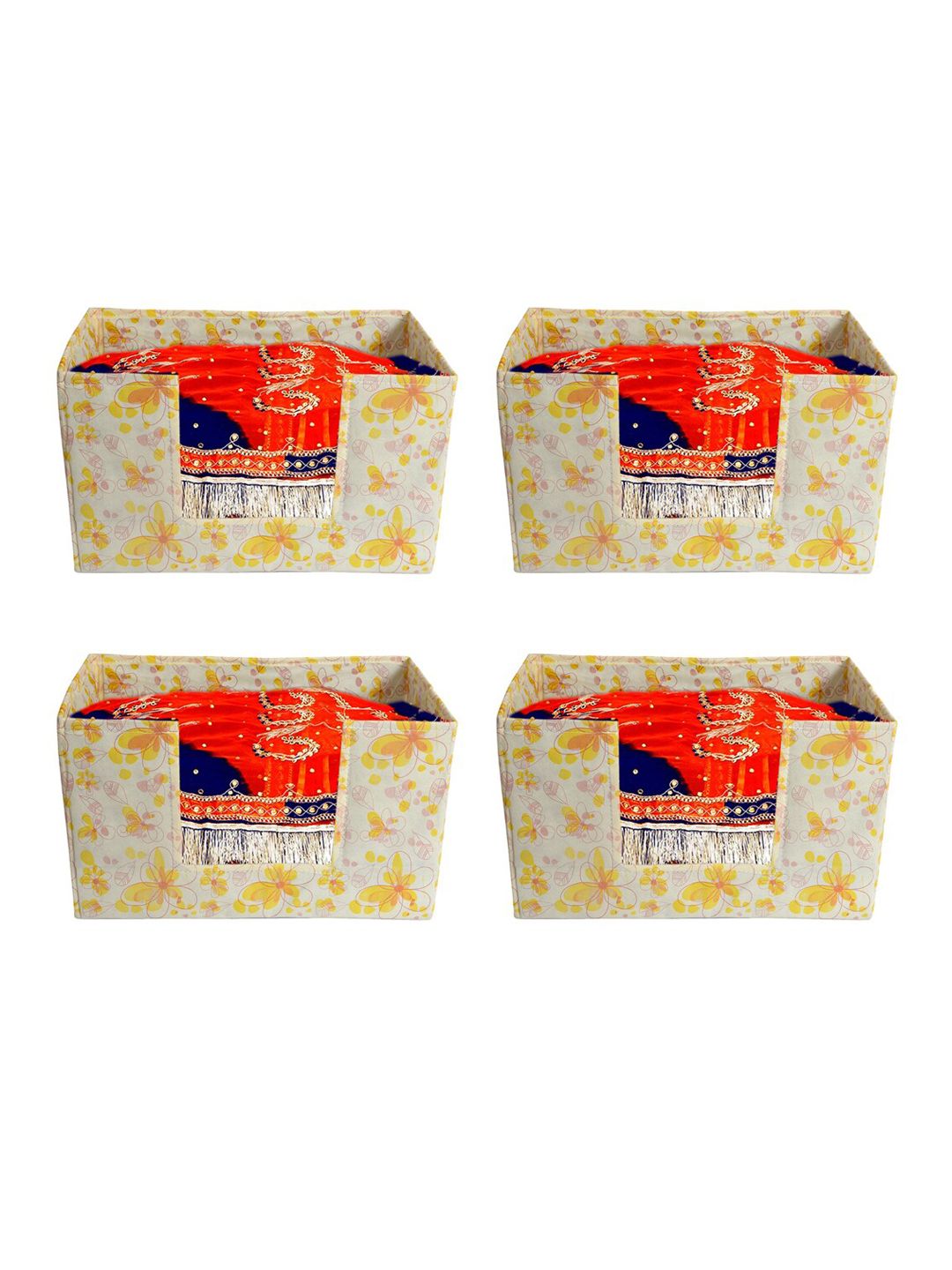 Kuber Industries Set Of 4 Off- White & Yellow Flower Printed Shirt Stacker Organisers With Handles Price in India