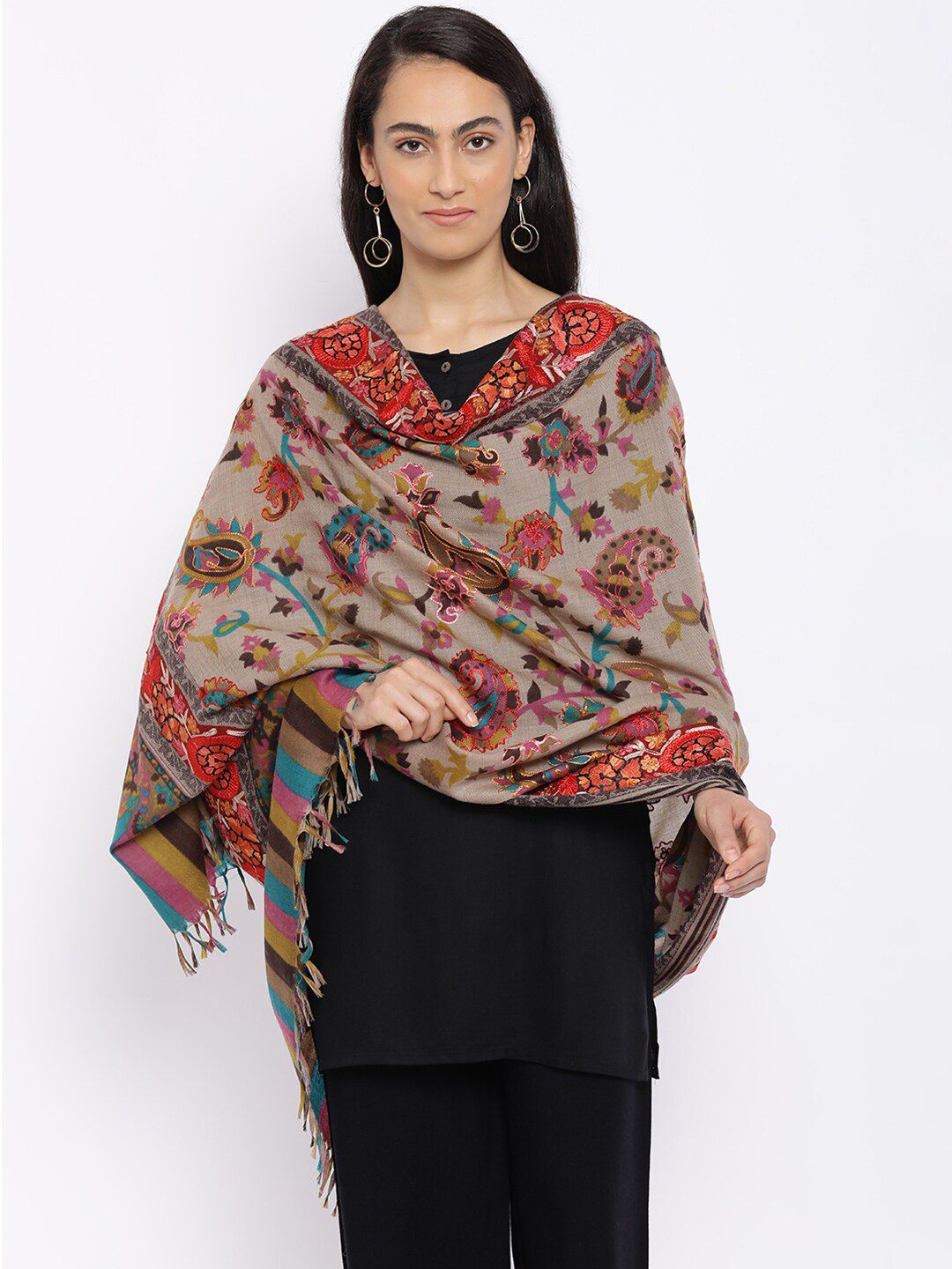 Pashmoda Women Beige Embroidered Woollen Hand-Painted Pure Wool Shawl Price in India