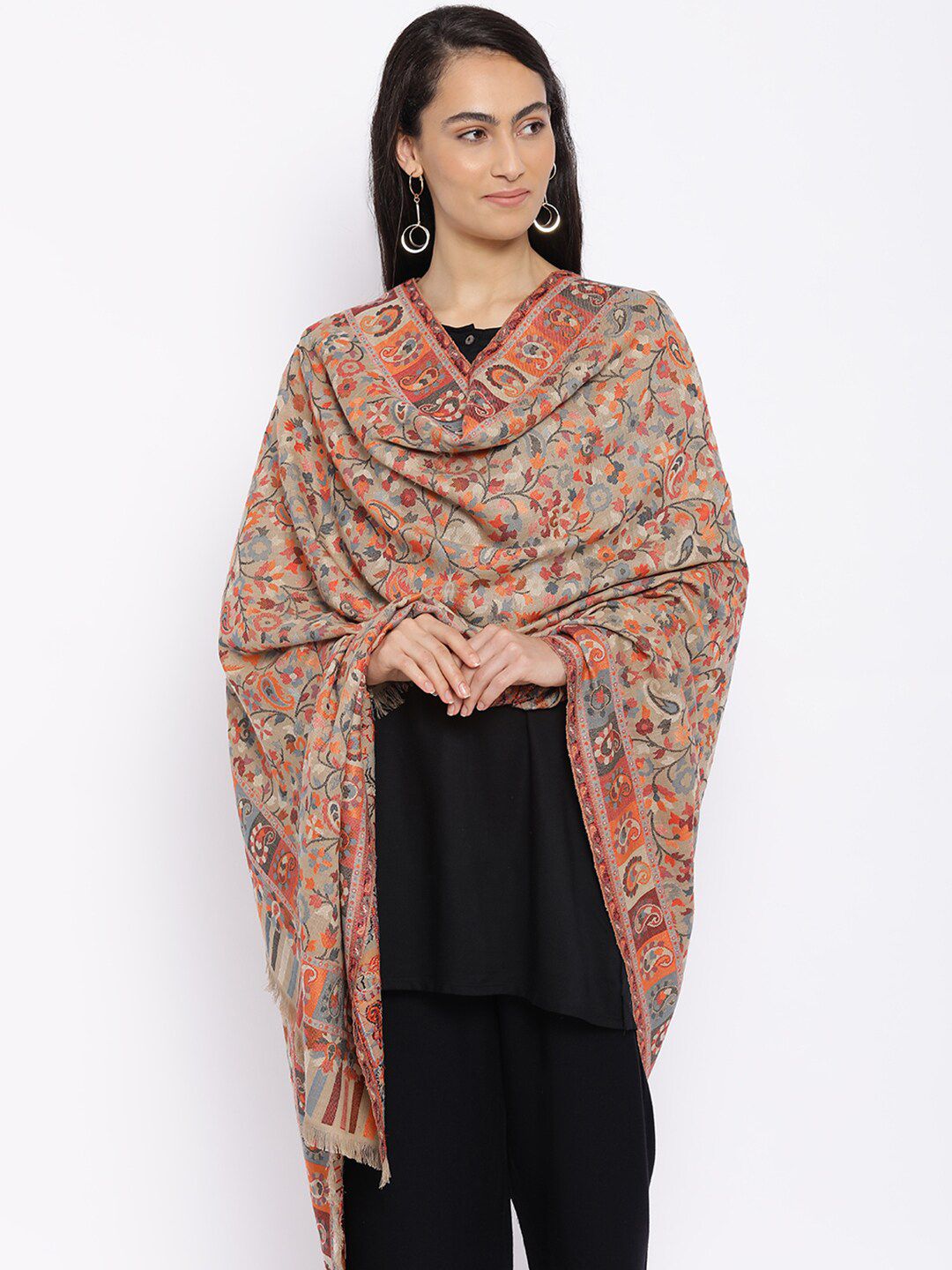 Pashmoda Women Beige & Orange Woven Design Woolen Shawl Price in India