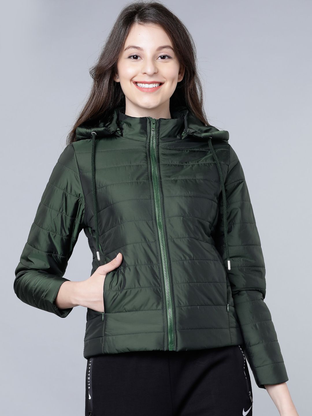 Tokyo Talkies Women Green Solid Padded Jacket Price in India