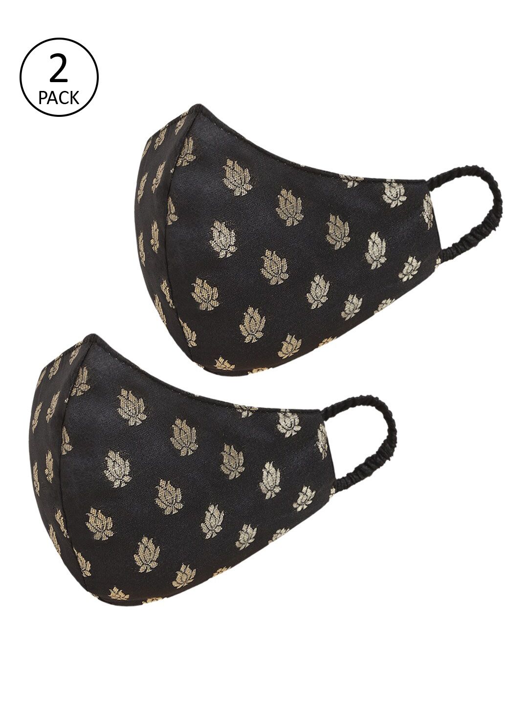 Tossido Women 2 Pcs Black & Gold-Coloured Printed Reusable 3-Ply Pure Chanderi Banarasi Protective Outdoor Masks Price in India