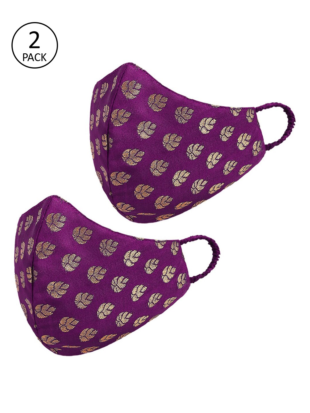 Tossido Women 2 Pcs Purple & Gold-Coloured Printed Reusable 3-Ply Pure Chanderi Banarasi Protective Outdoor Masks Price in India