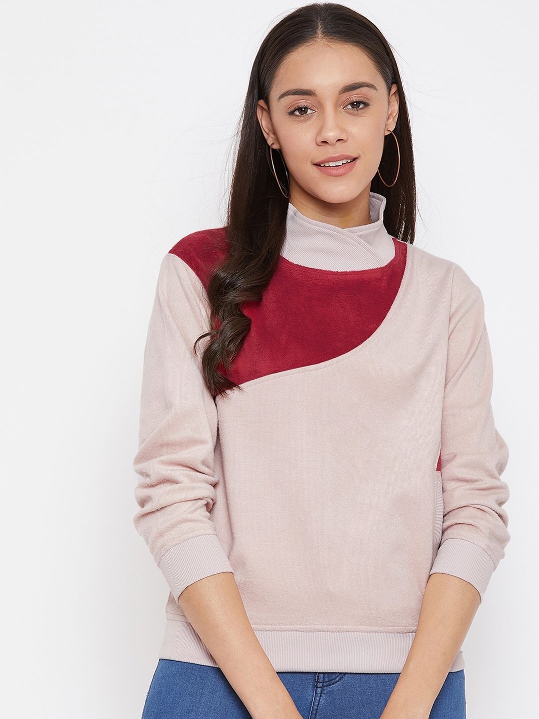 AGIL ATHLETICA Women Beige & Maroon Colourblocked Velour Sweatshirt Price in India