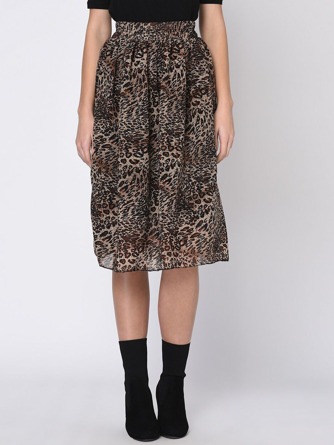 Rigo Women Brown Leopard Printed Midi Skirt