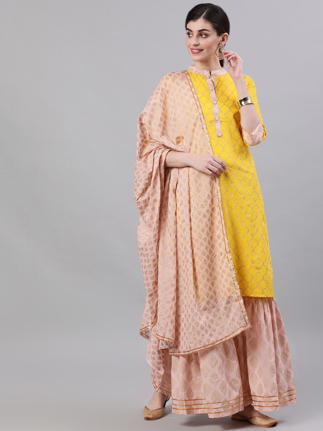 Nayo Women Yellow & Peach-Coloured Printed Kurta with Sharara & Dupatta